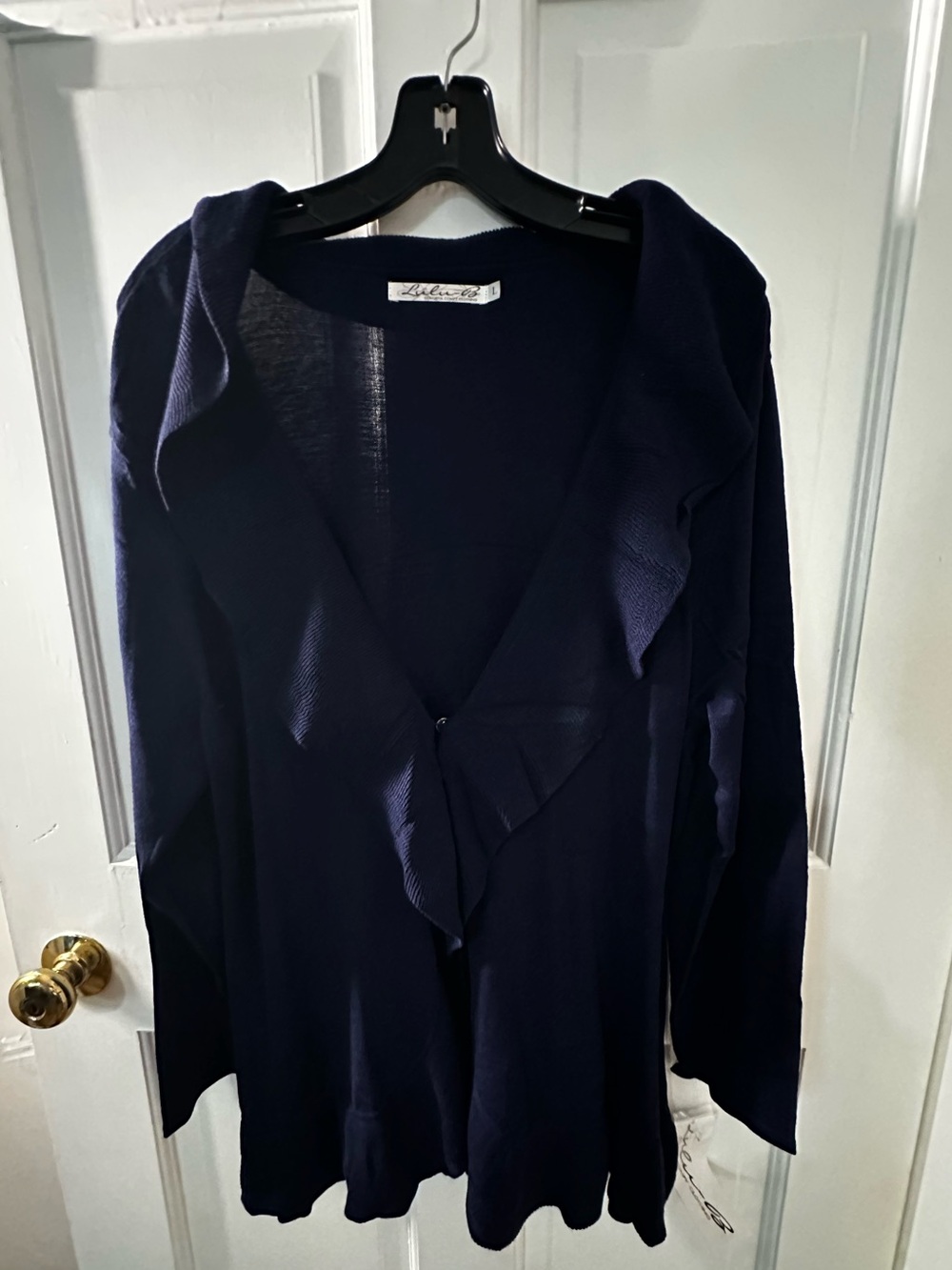 Lulu B Women’s Navy Ruffle-Front Sweater Cardigan